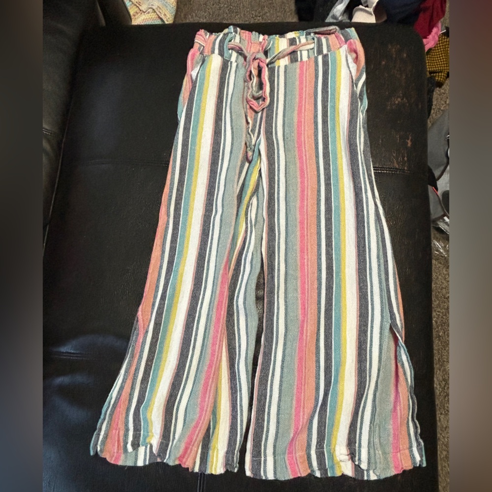 Indigo Rein cropped pants with side slits, multicolored stripes